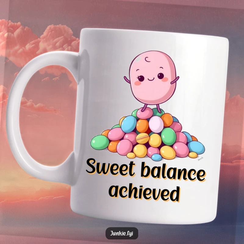 Funny Mug featuring a serene macaron character gracefully balancing atop a colorful candy pile, symbolizing sweet contentment.