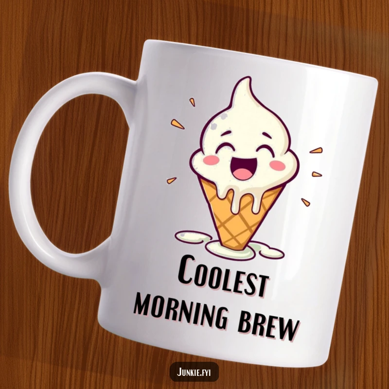 Funny Mug featuring an excited ice cream cone character melting slightly with pure, unadulterated glee and happiness.