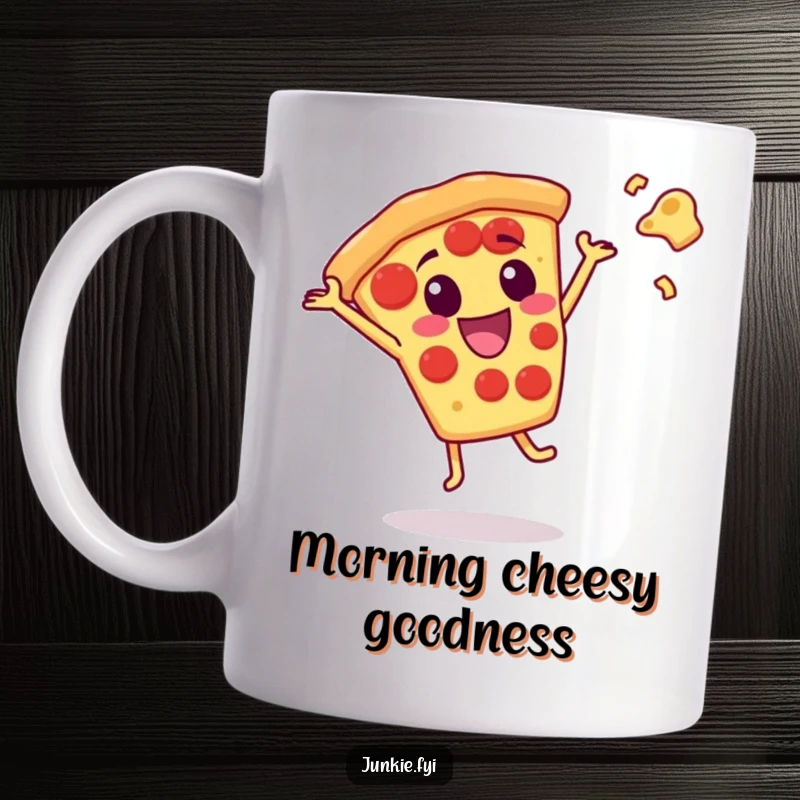 Funny pizza slice character doing a cartwheel with cheese flying, radiating pure, cheesy happiness.