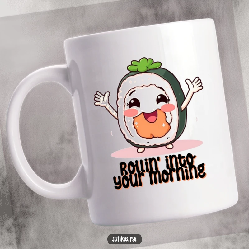 Funny Mug featuring a smiling sushi roll with arms happily shimmying, radiating pure, delightful sushi joy.