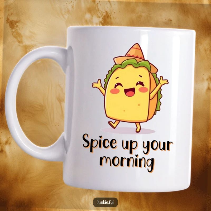 Funny mug with a delighted taco character doing a silly dance with a tiny sombrero, ready to party.