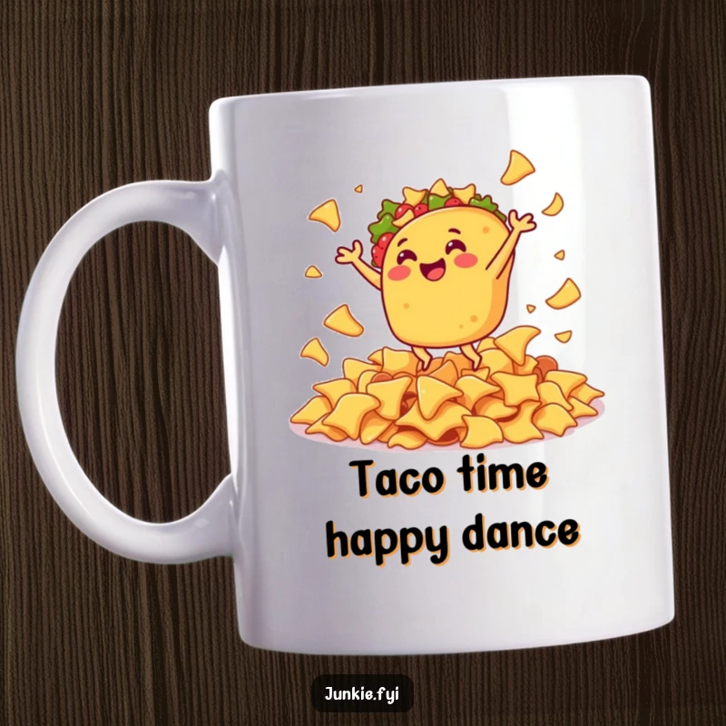 Funny mug featuring a gleeful taco doing a joyful jig with enthusiasm amidst a crunchy pile of delicious nacho chips.