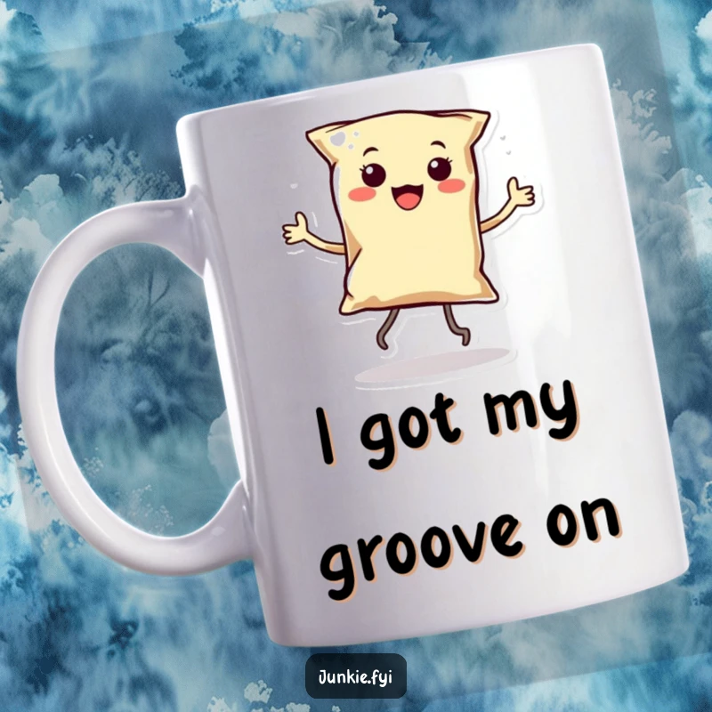 Funny Kawaii Chips Mug: A smiling anthropomorphic bag of chips with tiny legs dances joyfully, spreading laughter and snack-loving cheer.