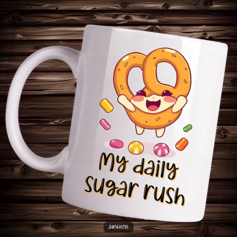 Funny pretzel character cheerfully catching falling candy pieces on a coffee mug, expressing pure joy and a love for sweets.
