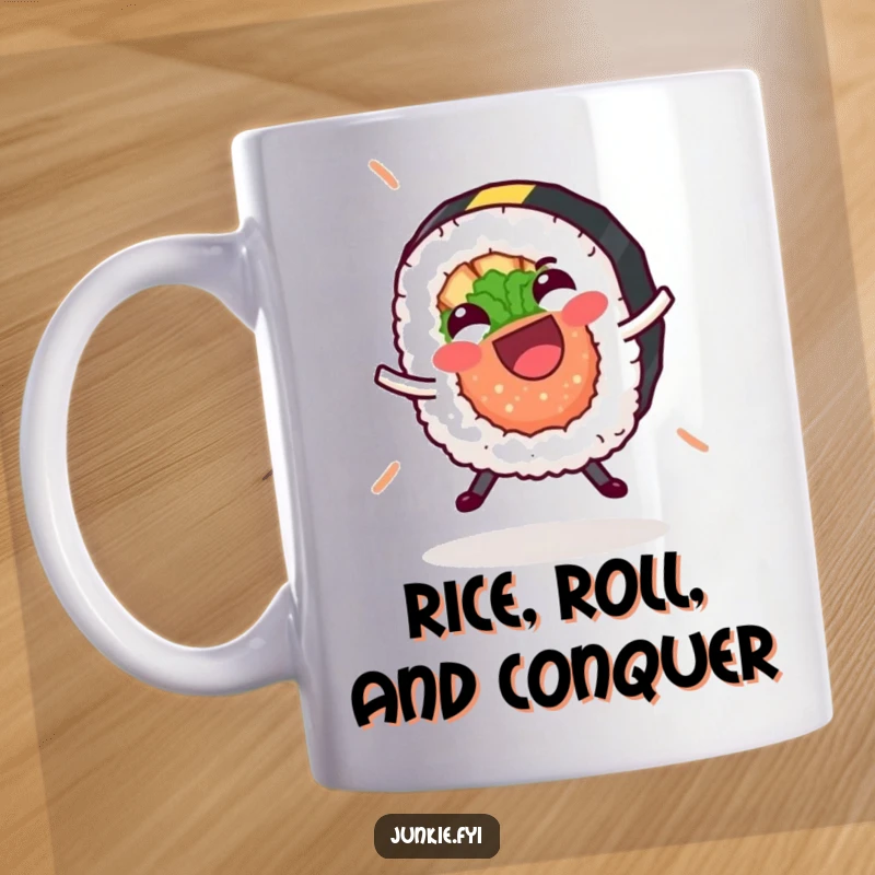 Funny sushi roll mug with a happy expression doing a cartwheel, featuring a detached nori strip, perfect for food humor lovers.