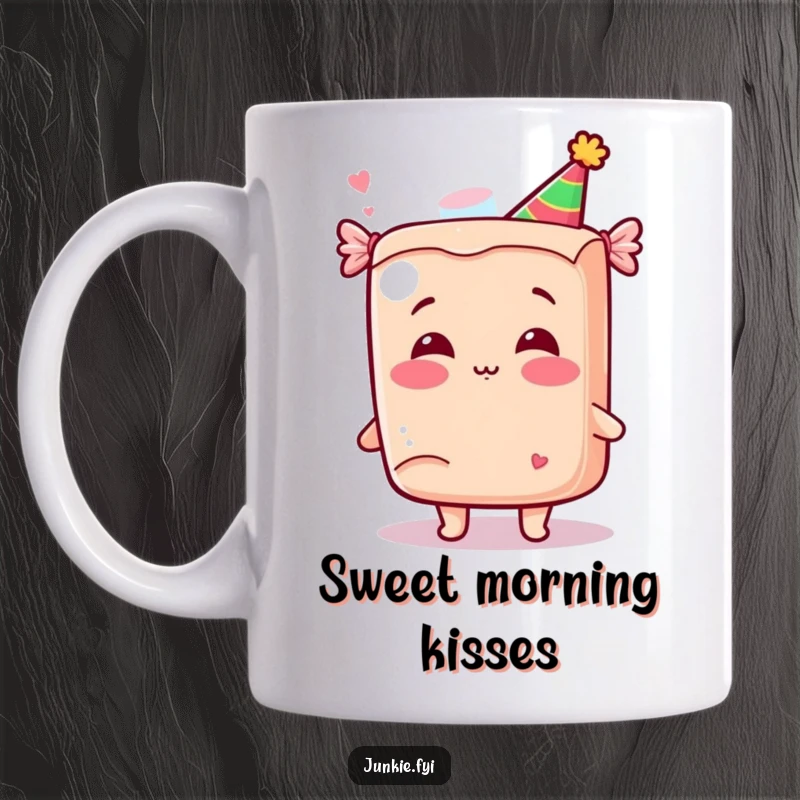 Funny Kawaii Candy Mug: A giggling anthropomorphic candy bar in a party hat blows a kiss, spreading sweet and funny joy.