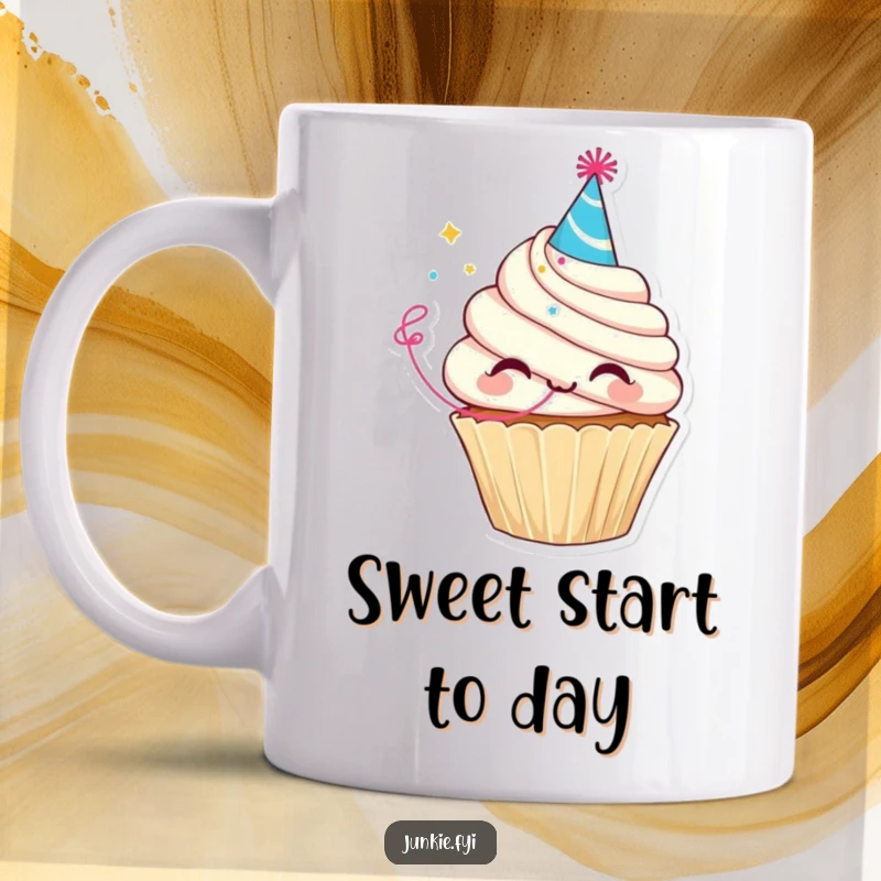 Funny mug with a delighted cupcake character wearing a tiny party hat and blowing a streamer, embodying pure celebration.