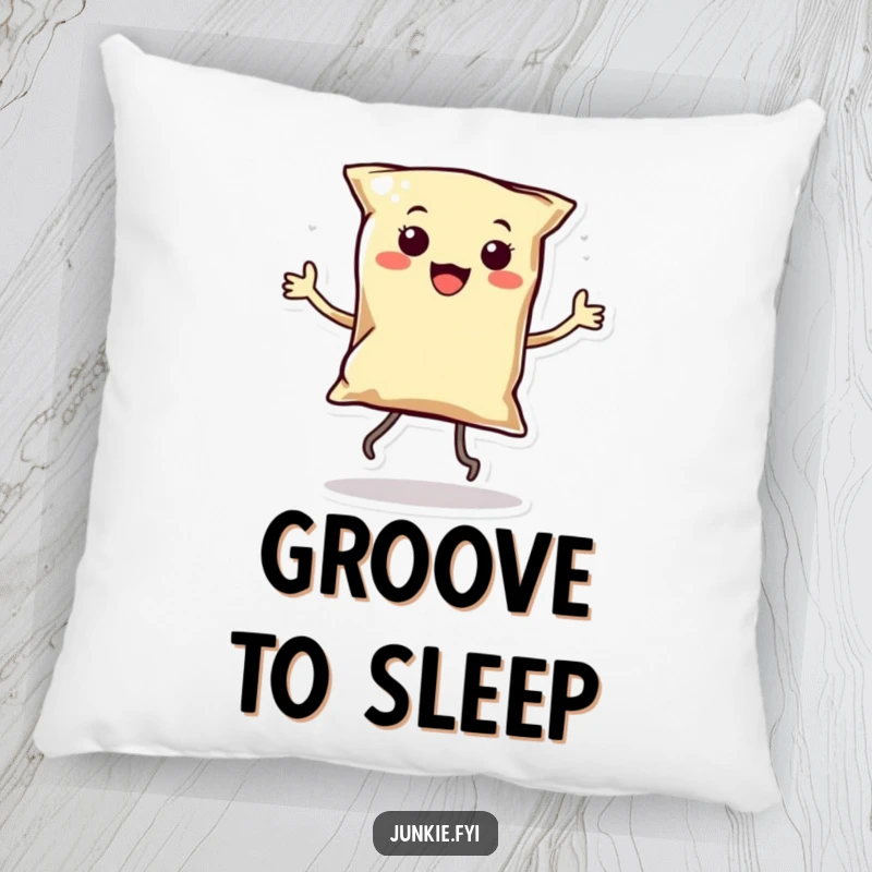 Funny Kawaii Chip Dancer Pillow: A plush pillow showcasing a smiling anthropomorphic bag of chips with tiny legs dancing, adding funny comfort.
