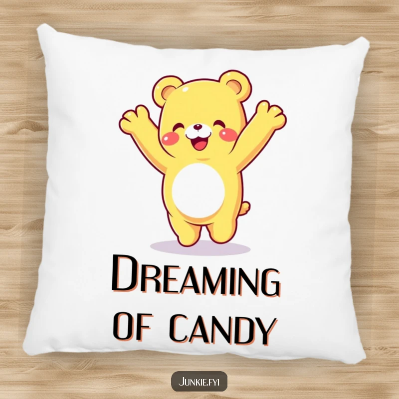 Funny gummy bear pillow, a happy character doing a cartwheel with a delighted expression, soft and joyfully decorated.