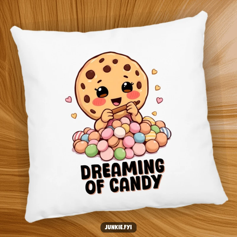 Funny pillow featuring a happy cookie charmer playing a tiny flute to a captivated audience of assorted candies.
