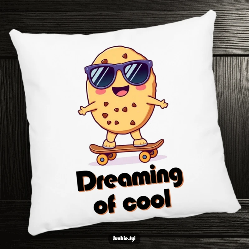 Funny Kawaii Skater Cookie Pillow: A cheerful anthropomorphic cookie wearing sunglasses rides a tiny skateboard on this soft and funny decorative pillow.