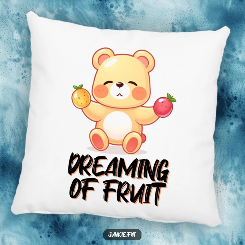 A winking gummy bear juggles tiny fruits on this soft, funny throw pillow.