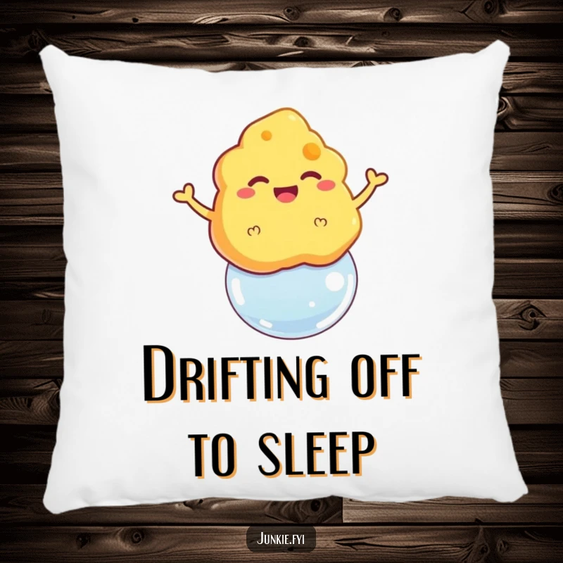 Funny pillow with a grinning cheese puff floating triumphantly on a bubble, a soft and humorous accent.