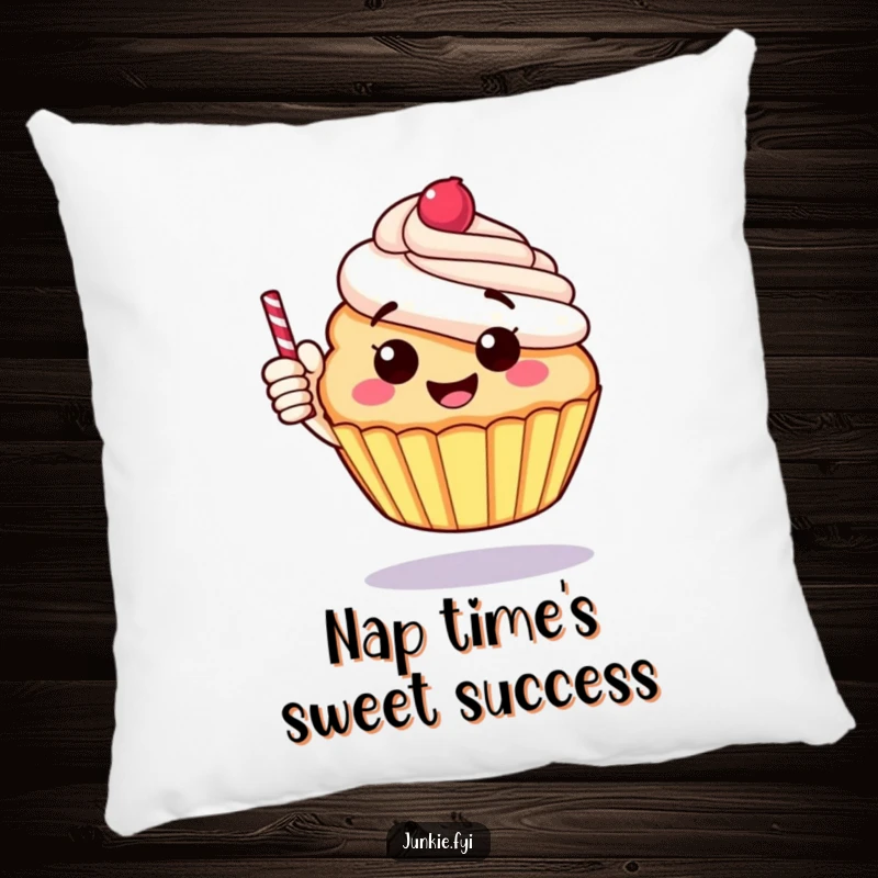 Funny pillow with a cheerful, round cupcake giving a thumbs up with a candy stick, a soft, happy accent.
