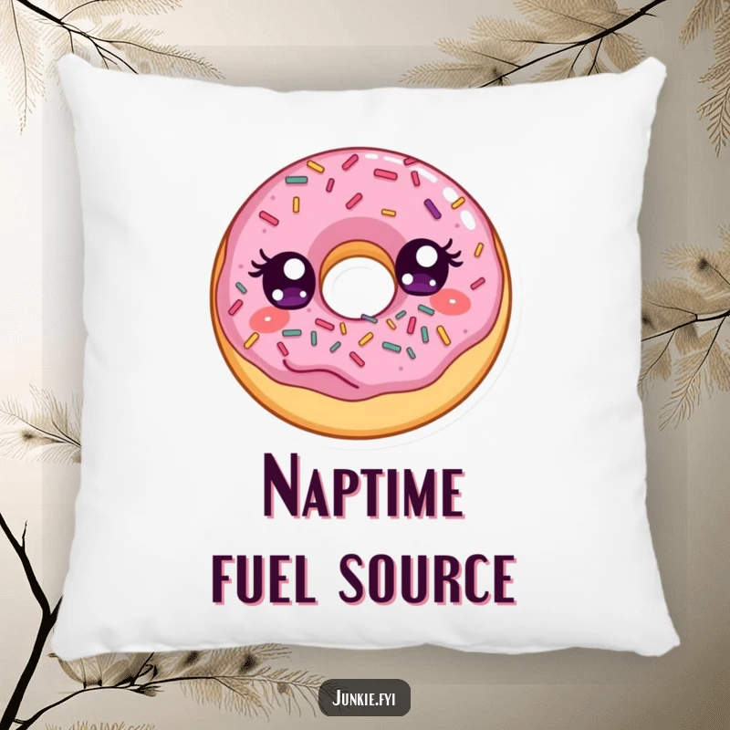 Funny pillow featuring a delighted donut with wide eyes, joyfully stuffing its face with a generous portion of colorful sprinkles.