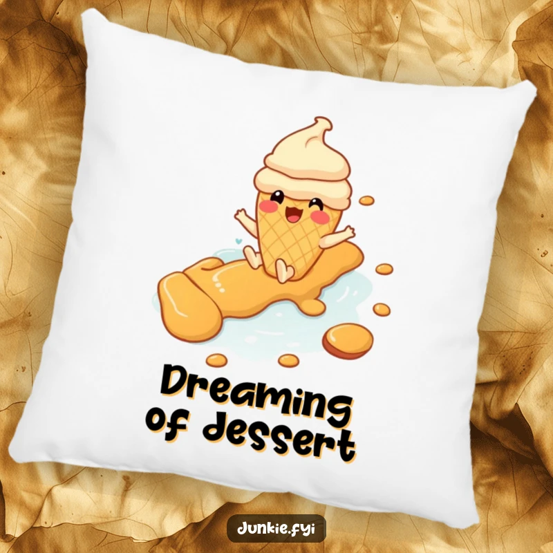 Soft funny ice cream cone pillow depicting a slide down a caramel river, offering comfort and sweet humor.