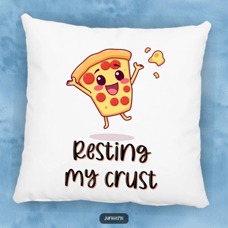 Soft funny pizza slice pillow depicting a cartwheel with flying cheese, offering comfort and cheesy humor.