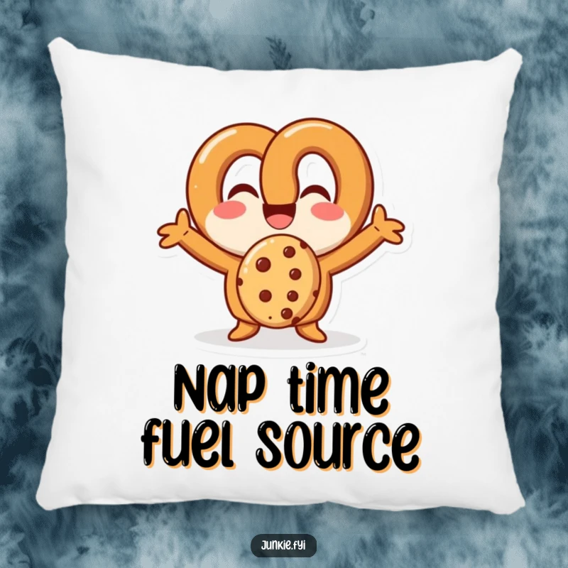Soft funny pretzel pillow showing a character happily eating a cookie, providing comfort and humor.