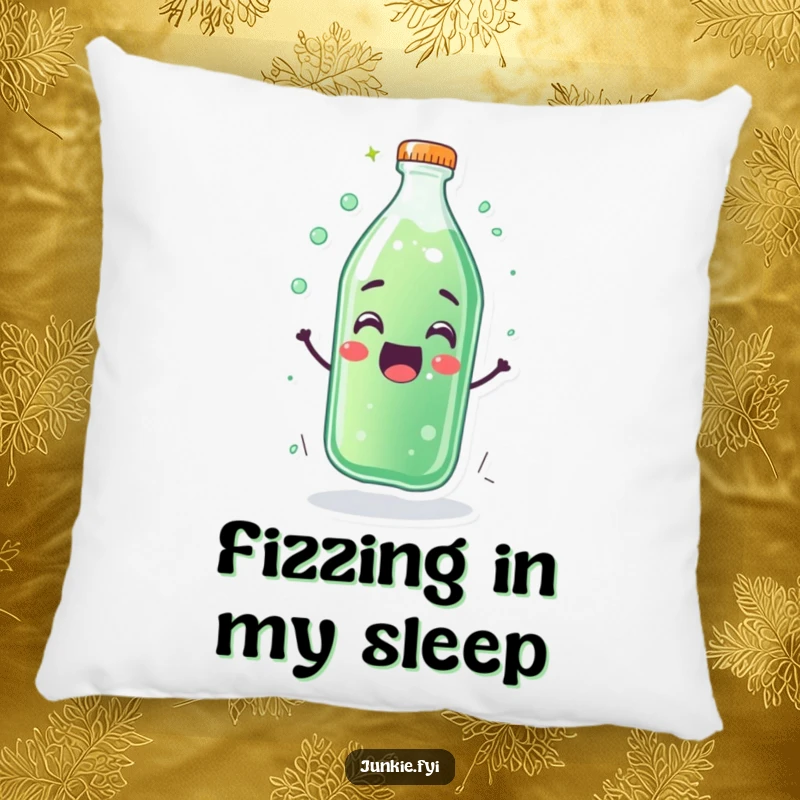 Funny pillow design of a thrilled soda bottle character fizzing with overflowing happiness. Soft and amusing.