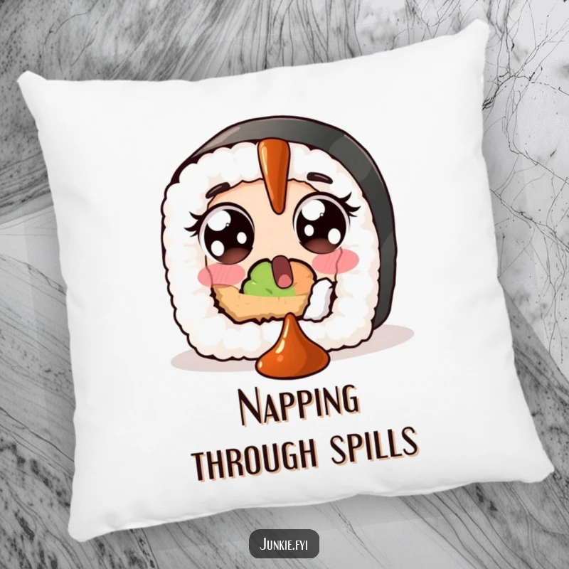 Funny pillow featuring a surprised sushi roll with wide eyes, comically trying to catch a falling dollop of soy sauce.