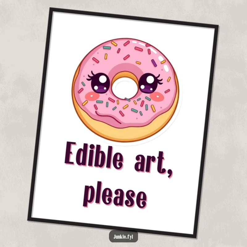 Funny digital art print of a delighted donut with wide eyes, joyfully stuffing its face with a colorful mix of sprinkles.