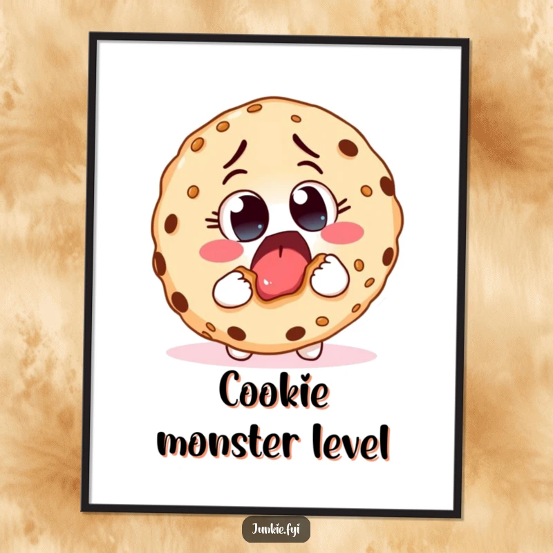 Funny digital art print of an excited food character with eager eyes taking a huge bite from a giant cookie, celebrating tasty art.