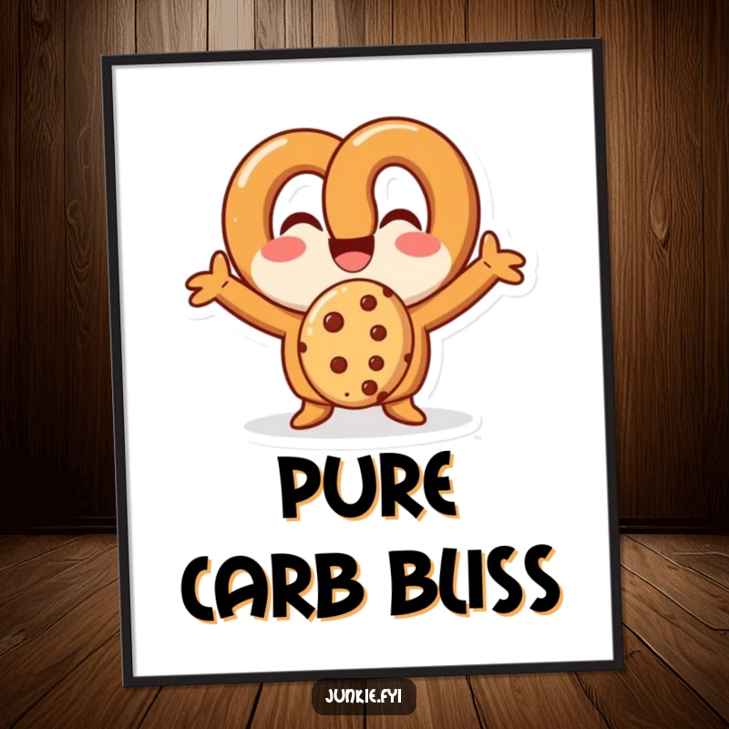Funny pretzel character joyfully consuming a cookie, available as a downloadable art print for instant humor.