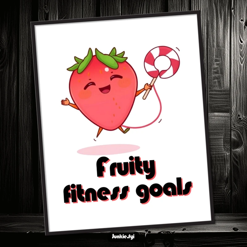 Funny digital art print of a giggling strawberry jumping rope with a licorice string, a charming piece of energetic, playful art.