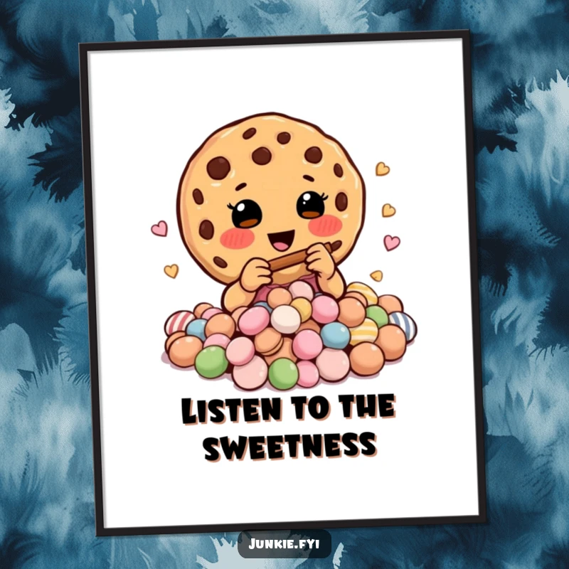 Funny digital art print of a happy cookie charmer playing a miniature flute to a pile of enchanting candies.