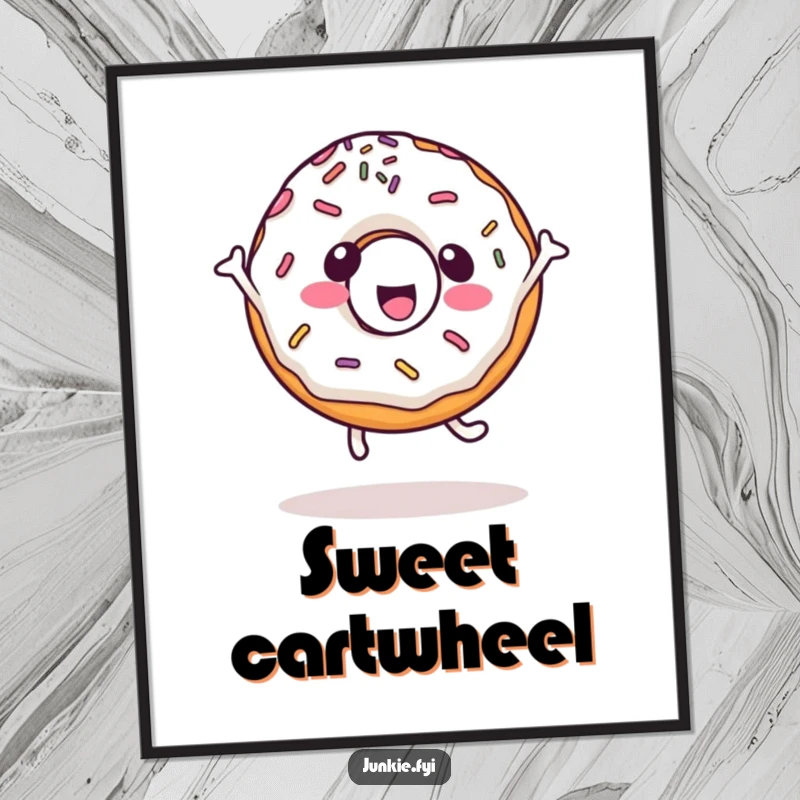 Funny kawaii digital art print of a happy donut character with sprinkles doing a joyful cartwheel, radiating pure sweet fun.