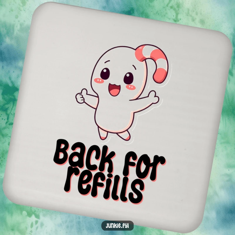 Funny candy cane character boomeranging back to a hand on a drink coaster, adding a touch of sweet humor.