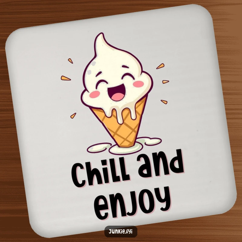 Funny Drink Coasters featuring a melting ice cream cone character in happy glee, offering sweet protection and a touch of whimsy.