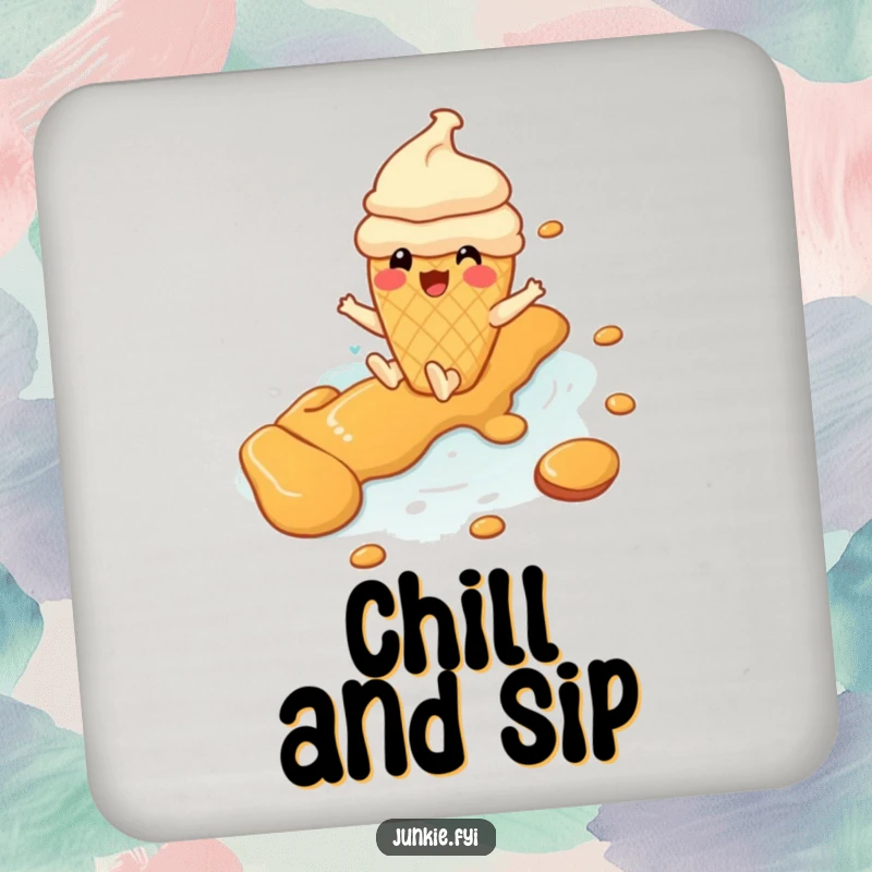 Funny ice cream cone character gleefully sliding down a caramel river, depicted on a drink coaster for surface protection.