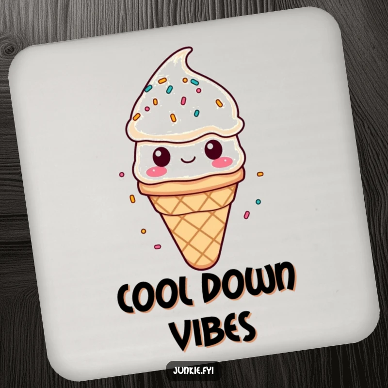 Funny drink coaster with a content ice cream cone character enjoying a shower of sprinkles. Protects surfaces with humor.