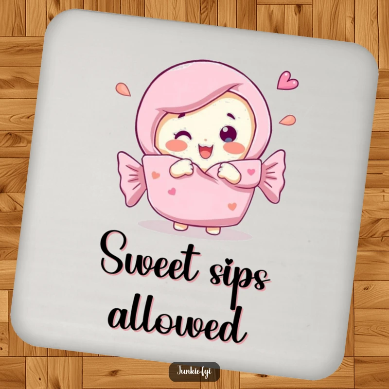 Funny Coaster displaying a candy bar character in the delightful act of unwrapping itself, adding sweet humor to any surface.