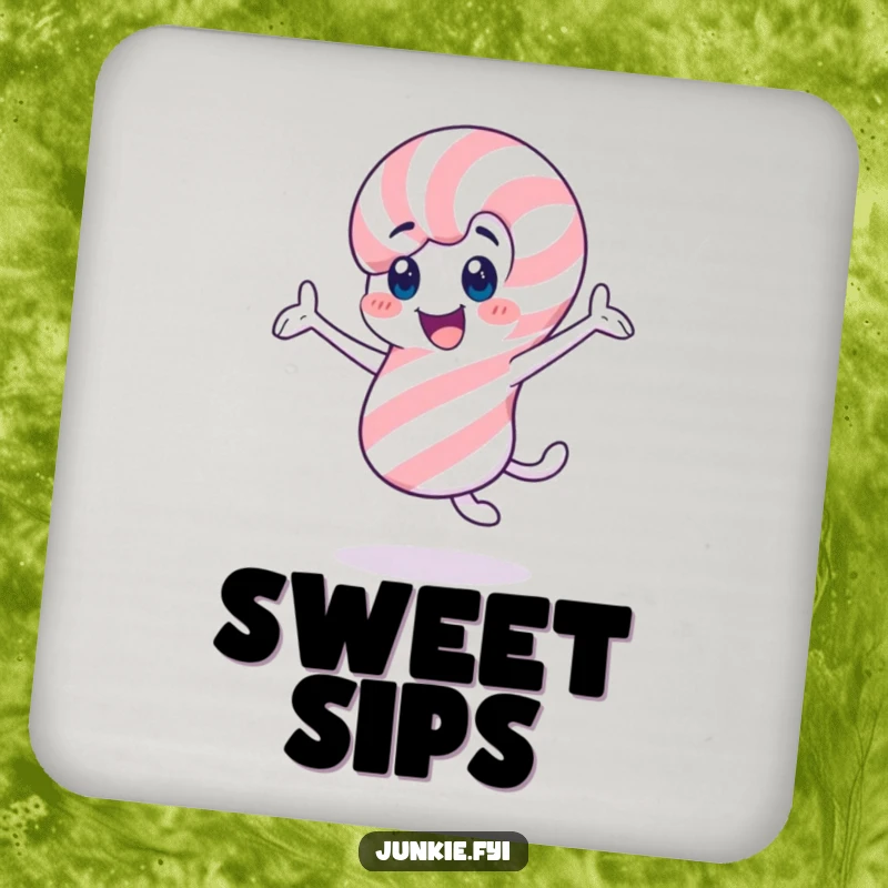 Funny candy cane coasters, a cheerful character twirling enthusiastically, protecting surfaces with holiday cheer.