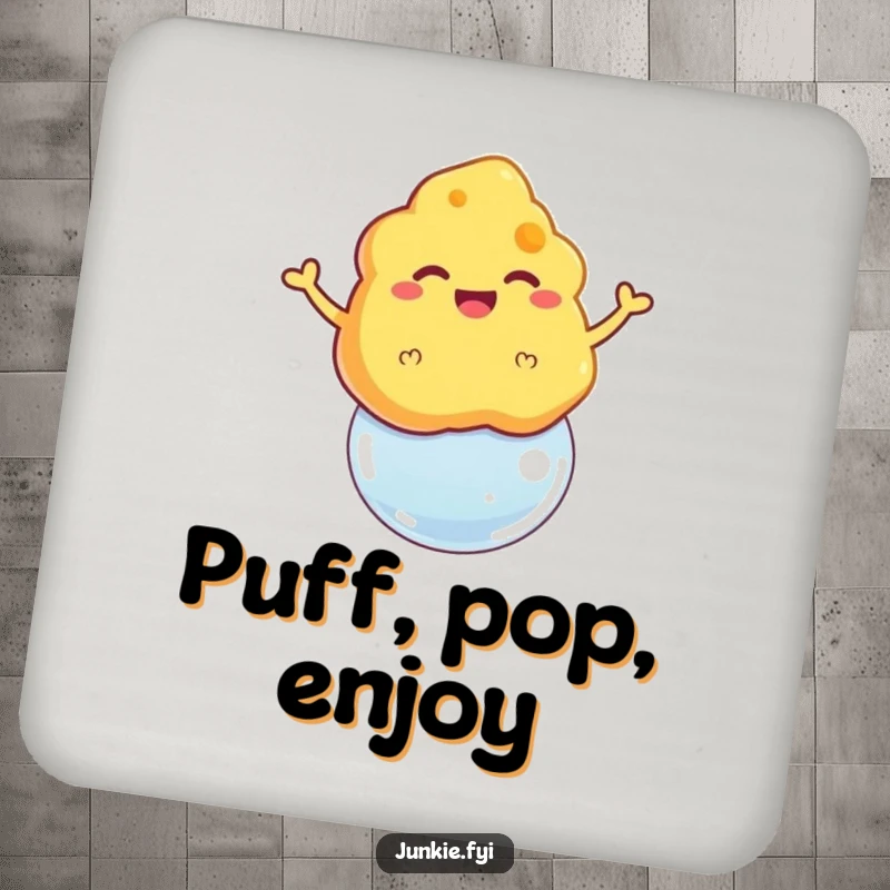 Funny coaster featuring a grinning cheese puff floating triumphantly on a bubble, a fun tabletop accent.