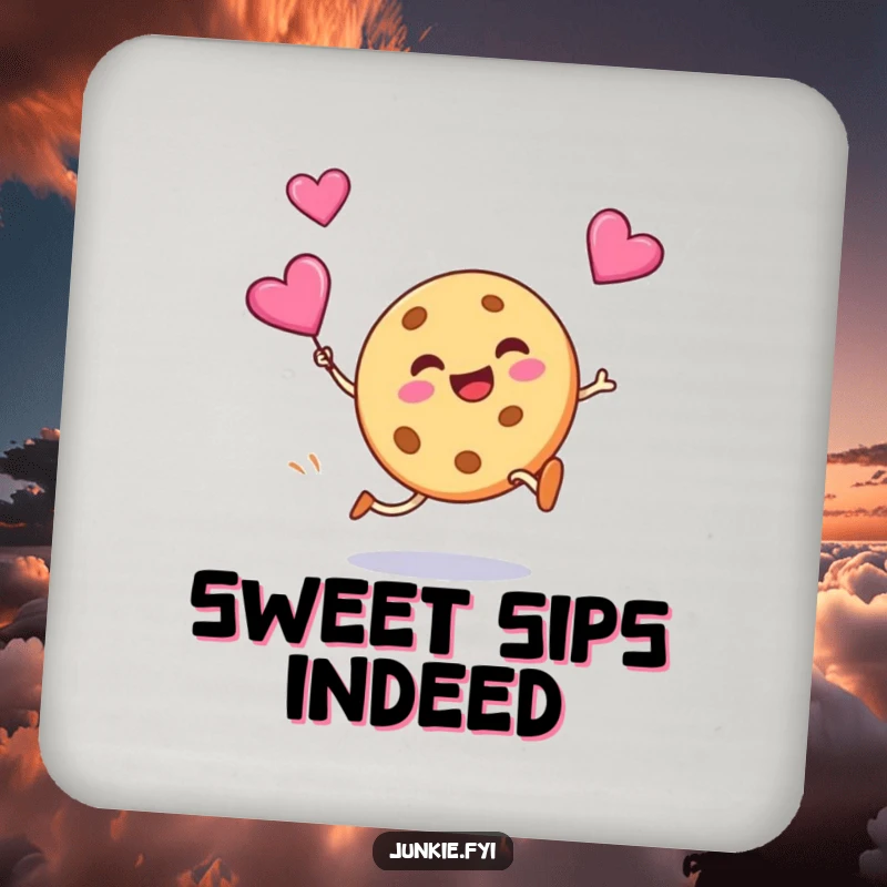 Funny drink coaster with a silly cookie grinning as it kicks a flying candy heart, protecting surfaces with sweet flair.
