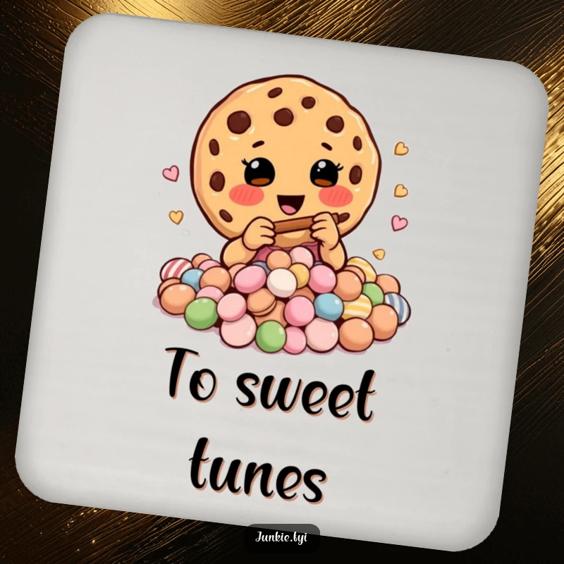 Funny drink coaster featuring a happy cookie charmer playing a tiny flute to a mesmerizing pile of colorful candies.