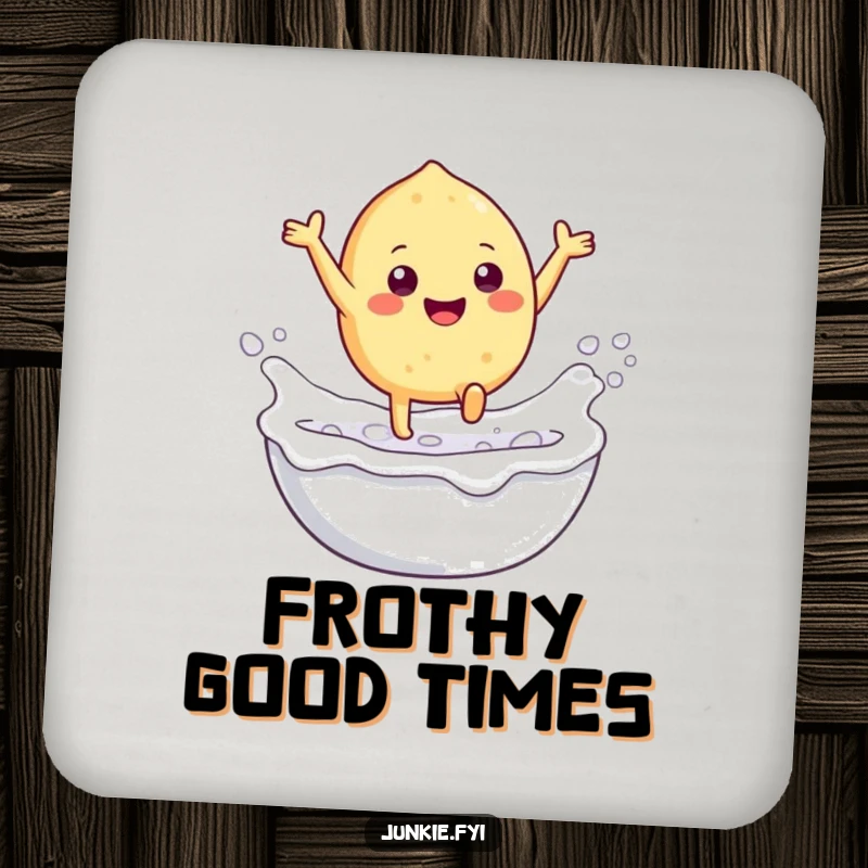 Funny drink coaster with a gleeful food character leaping into a foamy milk bath, protecting surfaces with humor.