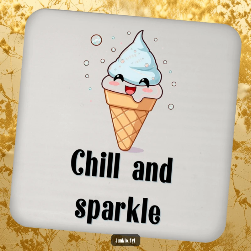 Funny drink coaster featuring a joyful ice cream cone throwing shimmering sugar crystals. A sweet and protective accessory, perfect funny gift.