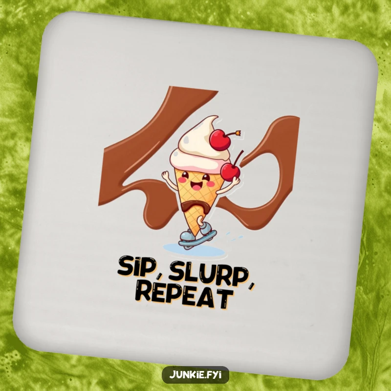 Funny ice cream cone character with a cherry, skating on chocolate syrup on a set of drink coasters.