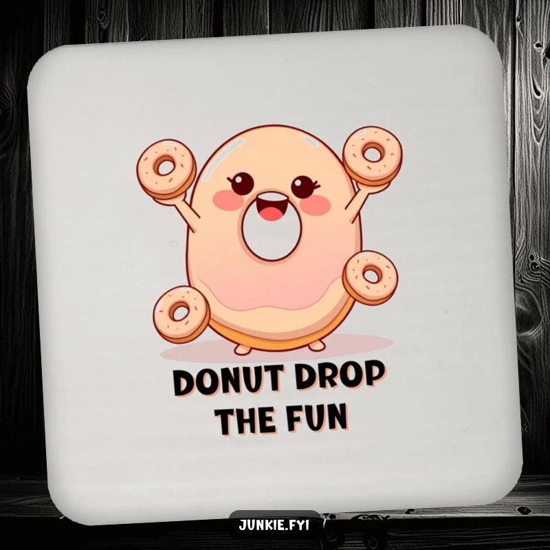 Funny coaster featuring a smiling, wobbly jelly donut happily juggling three tiny donuts, a fun tabletop accent.