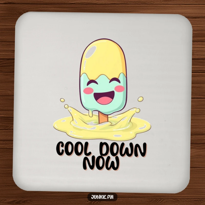 Funny popsicle character melting with joy, splashing in a lemonade puddle on a set of drink coasters.
