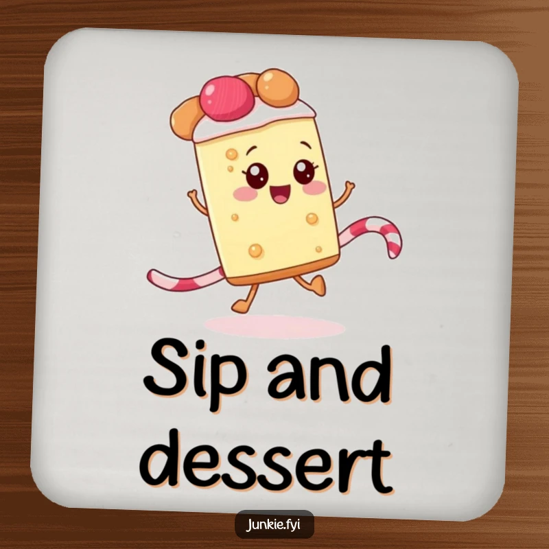Funny drink coaster with a happy slice of pie skipping along a licorice rope, protecting surfaces with sweet flair.
