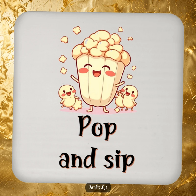 Funny Coaster displaying a giggling popcorn kernel with its popping friends, bringing cheerful humor to drink protection.