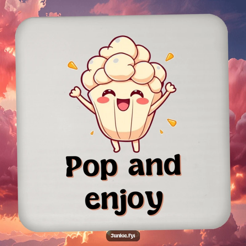 Funny popcorn kernel coaster, bursting with energetic joy, a protective and humorous surface accessory.