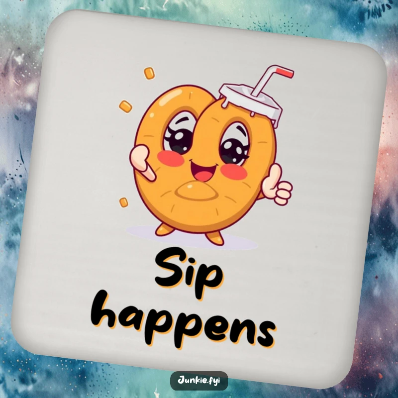 Funny pretzel character reaching for a large soda, printed on a protective drink coaster.