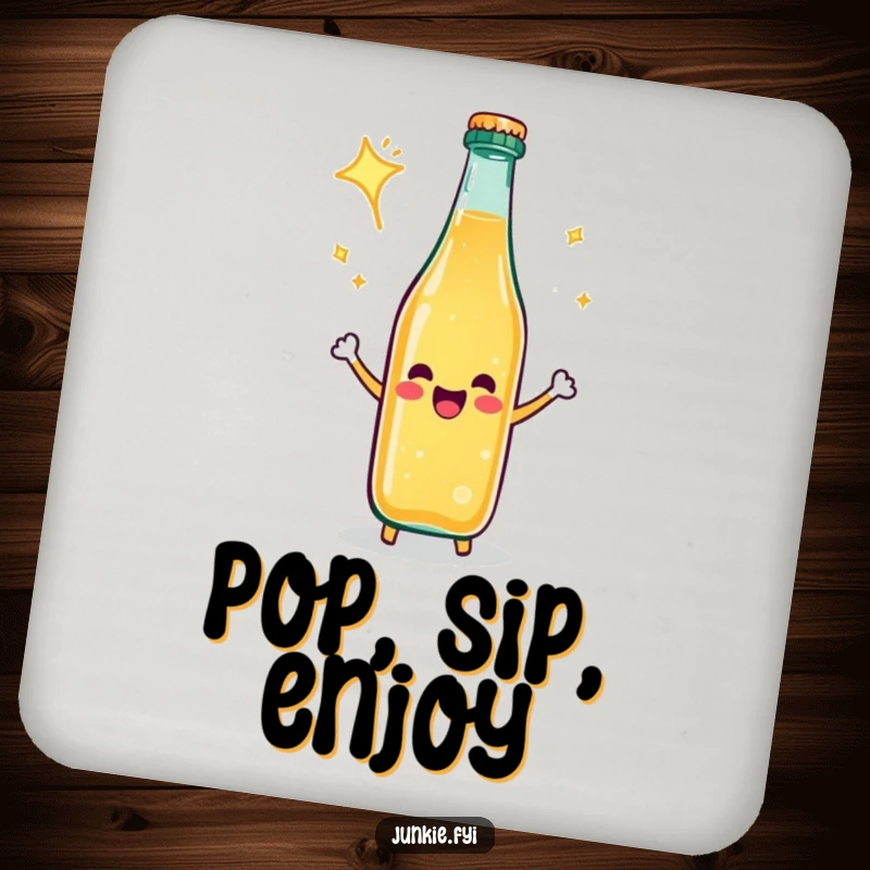 Funny Drink Coasters: A happy soda bottle celebrates with a fizz, adding cheerful charm to surface protection.