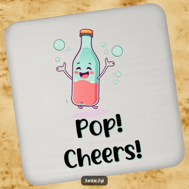 Funny Coaster: A giggling soda bottle character dances excitedly with bubbles, protecting surfaces with bubbly comic relief.